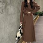 Long-sleeve Plain Bow Jacket / High-waist Plain Pleated Midi Skirt