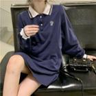Contrast Collar Mini A-line Polo Dress Dark Blue - One Size