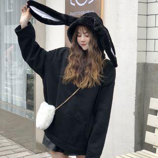 Rabbit Ear Boxy Hoodie Black - One Size
