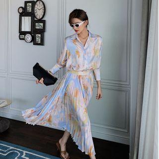 Puff-sleeve Tie-dyed Shirt / Midi A-line Skirt
