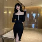 Long-sleeve Off-shoulder Slit Sheath Dress