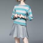 Set: Wavy Striped Sweater + Scallop Hem A-line Skirt