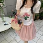 Short-sleeve Floral Print Cutout T-shirt / Iridescent A-line Skirt