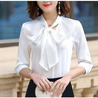 Bow Neck Elbow-sleeve Blouse / Pencil Skirt / Set