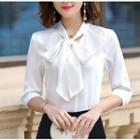 Bow Neck Elbow-sleeve Blouse / Pencil Skirt / Set
