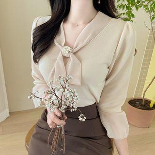 Chiffon-tie Neck Faux-pearl Blouse