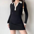 Simple Color Panel Polo Collar Long-sleeve Dress