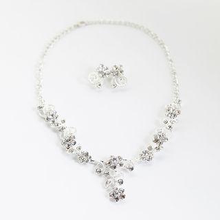 Bridal Set: Rhinestone Tiara + Necklace + Clip-on Earring