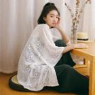 3/4-sleeve Open-front Light Lace Jacket White - One Size