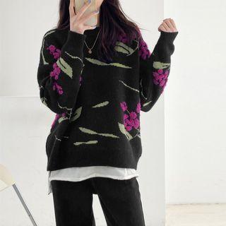 Flower Print Sweater Purple Flower - Black - One Size