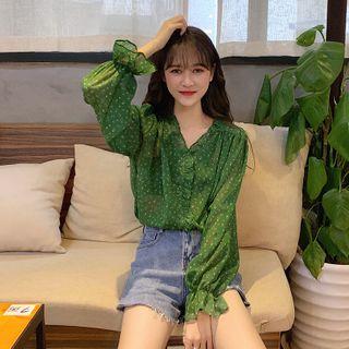 Ruffle Trim Floral Blouse Green - One Size