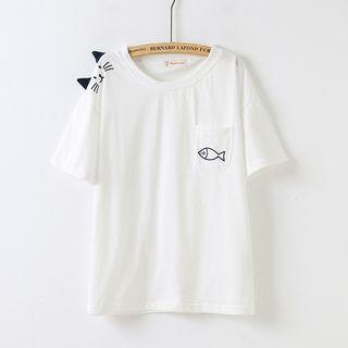 Cat Embroidered Fish Patch Short-sleeve T-shirt