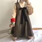 Set: Mock-neck Long-sleeve Top + Bow Accent Pinafore Dress