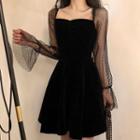 Bell-sleeve Mesh Panel Mini A-line Dress Black - One Size