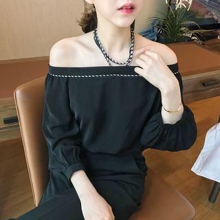 Stitch Detail Off Shoulder Long Sleeve Chiffon Top