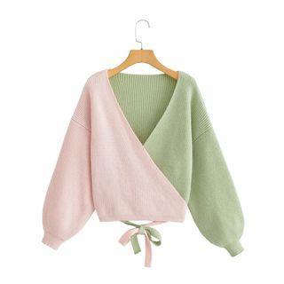 Lantern-sleeve Two-tone Sweater