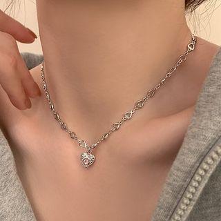 Heart Pendant Alloy Necklace 1pc - Pink & Silver - One Size