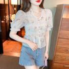 Short Sleeve V-neck Floral Tiered Chiffon Blouse