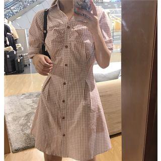 Elbow-sleeve Plaid A-line Shirt Dress