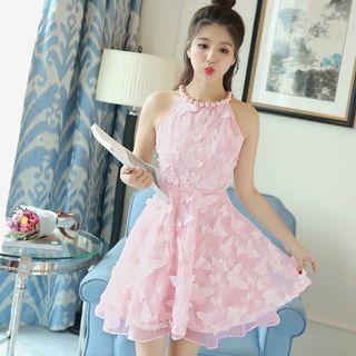 Butterfly Applique Faux Pearl Sleeveless Dress