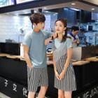 Couple Matching Short-sleeve T-shirt / Mock Two-piece Dress / Striped Shorts