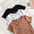 Plain Perforated V-neck Short-sleeve T-shirt