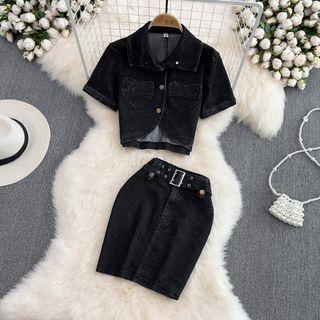 Set: Short-sleeve Denim Shirt + Mini Skirt