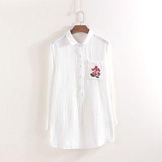 Long-sleeve Embroidered Pocket Shirt White - One Size