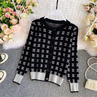 Round-neck Jacquard Knit Cardigan Black - One Size