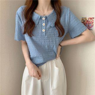 Short-sleeve Collared Flower Button Top