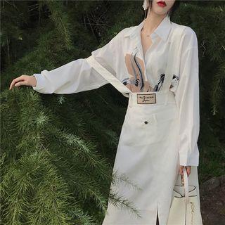 Printed Shirt / Sleeveless Midi A-line Dress