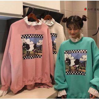 Cow Print Lace Trim Pullover