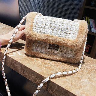 Furry Trim Tweed Crossbody Bag