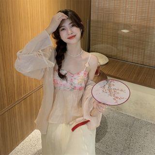 Floral Flowy Camisole Top / Light Jacket / Midi A-line Skirt