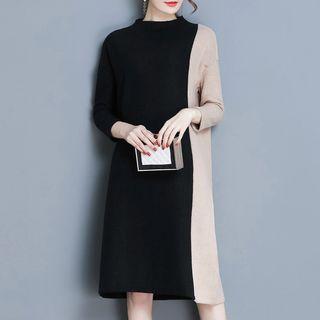 Mock-neck Color Block Long-sleeve Knit Dress