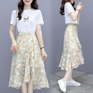Set: Short Sleeve Butterfly Print T-shirt + High Waist Floral Mermaid Midi Skirt