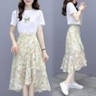 Set: Short Sleeve Butterfly Print T-shirt + High Waist Floral Mermaid Midi Skirt
