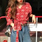 V-neck Printed 3/4-sleeve Blouse