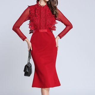 Crochet Trim Long Sleeve Mermaid Dress