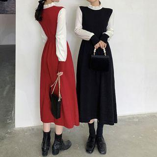 Mock Two-piece Long-sleeve Mock-neck Midi A-line Dress