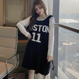 Two-tone Panel Lettering Mini Knit Dress