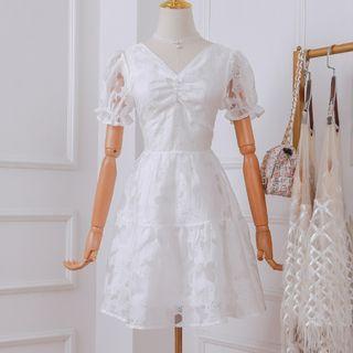 Faux Pearl Open-back Short-sleeve Mini A-line Dress