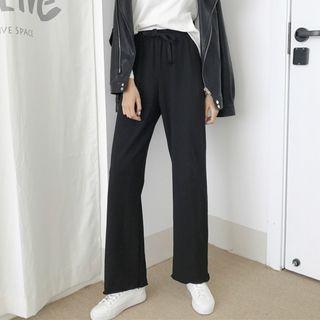 Plain Drawstring-waist Wide-leg Pants Black - One Size