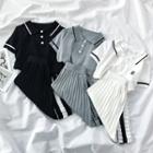 Set: Short-sleeve Knit Polo Shirt + Mini A-line Pleated Skirt