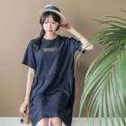 Lettering Shirred T-shirt Dress