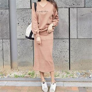 Set: V-neck Letter Embroidered Pullover + Midi Skirt