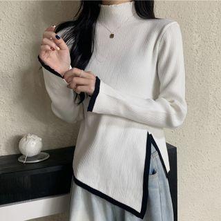 Contrast Trim Mock-neck Asymmetrical Hem Knit Top