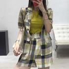 Plain Short Sleeve T-shirt / Plaid Short Sleeve Shirt / Wide Leg Shorts