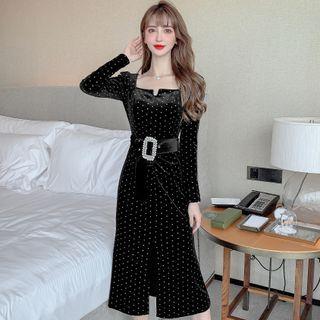 Long-sleeve Square Neck Sheath Midi Velvet Dress