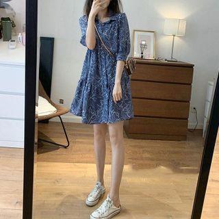 Elbow-sleeve Print Mini A-line Shirtdress